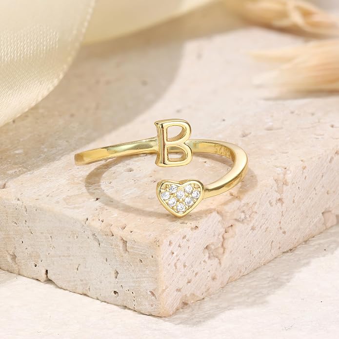 MILACOLATO 925 Sterling Silver Initial Rings for Women Teen Girl 18K Gold Plated Heart Initial Rings Adjustable Capital Letter Ring Stackable Thumb Pinky Rings for Daughter Birthday Bridesmaid Gifts Jewelry, A to Z