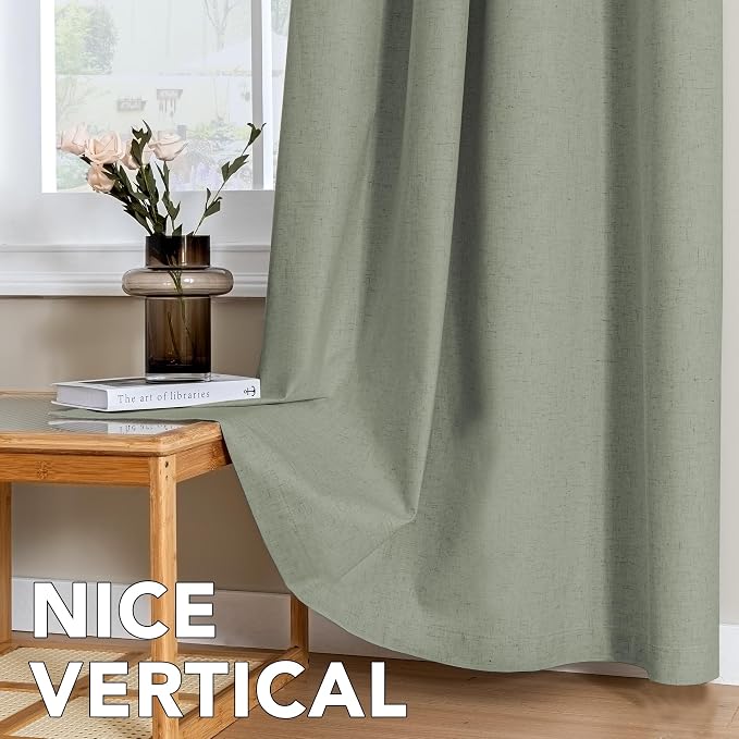 H.VERSAILTEX Linen Curtains 100% Blackout Curtains for Bedroom 120 inch Long Full Light Blocking Nature Linen Blended Window Curtains for Living Room Nickel Grommet (2 Panels, Heathered Dried Sage)