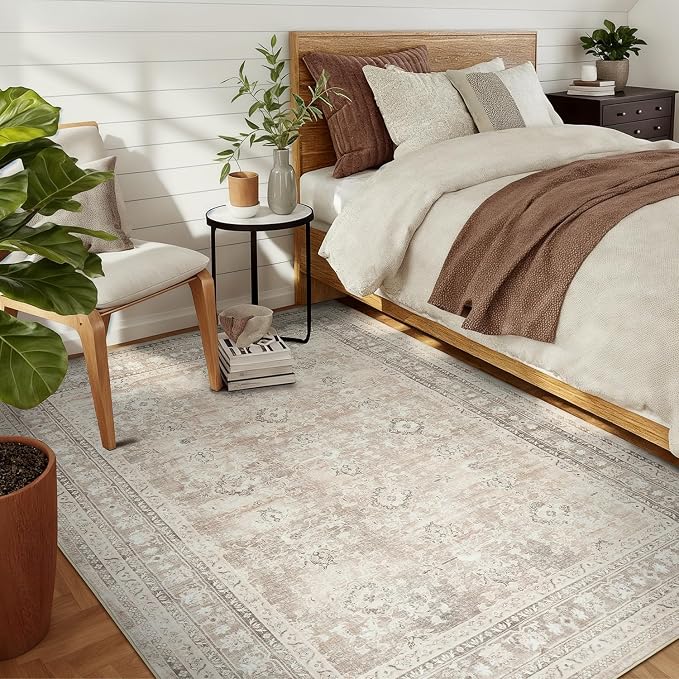 Lessymo 5x7 Area Rugs for Living Room, Machine Washable Non Slip Rug, Soft Low Pile Carpet for Bedroom Dining Home Office, Vintage Beige Distressed Floral Floor Mat