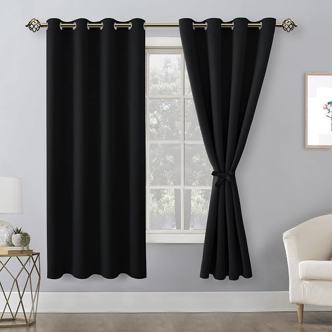 Hiasan Blackout Curtains for Bedroom, 52 x 63 Inches Length - Thermal Insulated & Light Blocking Window Curtains for Living Room, 2 Drape Panels Sewn with Tiebacks, Black