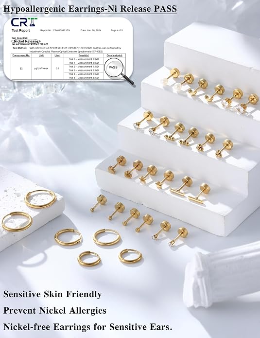 LOLIAS Small Hypoallergenic Flat Back Stud Earrings for Women Men 14K Gold Plated Surgical Stainless Steel Earring Sets Tiny Screw Back Cartilage Earrings for Sensitive Ears
