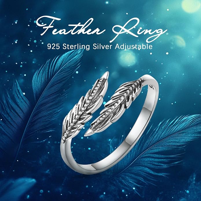 Vito 925 Sterling Silver Adjustable Open Spoon Ring for Women Men, Lotus Sunflower Snake Spoon Band Rings Feather Hug Witches Knot Inspirational Jewelry Gift for Wife