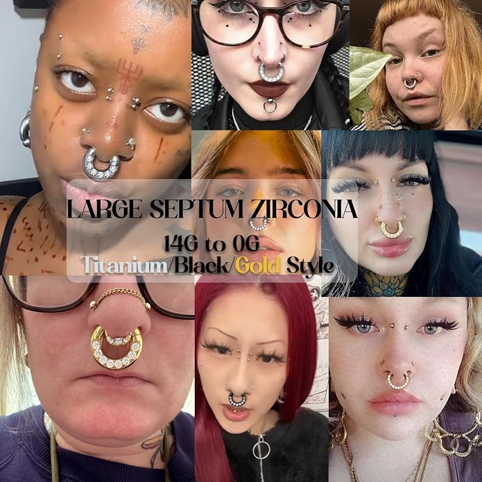 BodyBonita G23 Titanium 0G 2G 4G 6G 8G 10G 12G 14G CZ Septum Rings PA Nose Hoops Clicker Ear Weights for Stretched Ear Piercing Jewelry 10mm 12mm Silver/Gold/Black