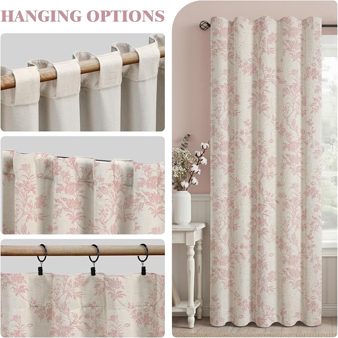 Pink Floral 100% Blackout Curtains for Bedroom 84 Inch Length 2 Panels Set, Linen Texture Farmhouse Curtains for Living Room