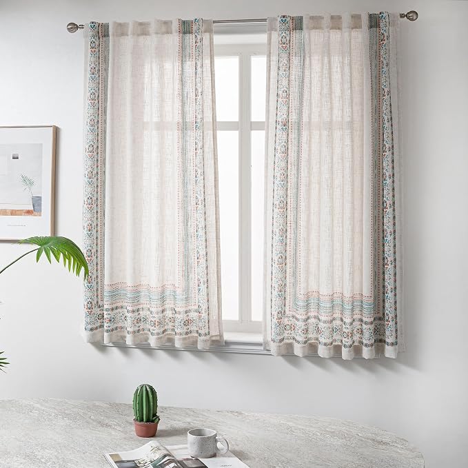 MYSKY HOME Living Room Curtains 72 inch Long 2 Panels Set Boho Semi Sheer Faux Linen Farmhouse Damask Window Drapes for Bedroom Dining Room Patio, 50" x 72", Teal, 2 Panels