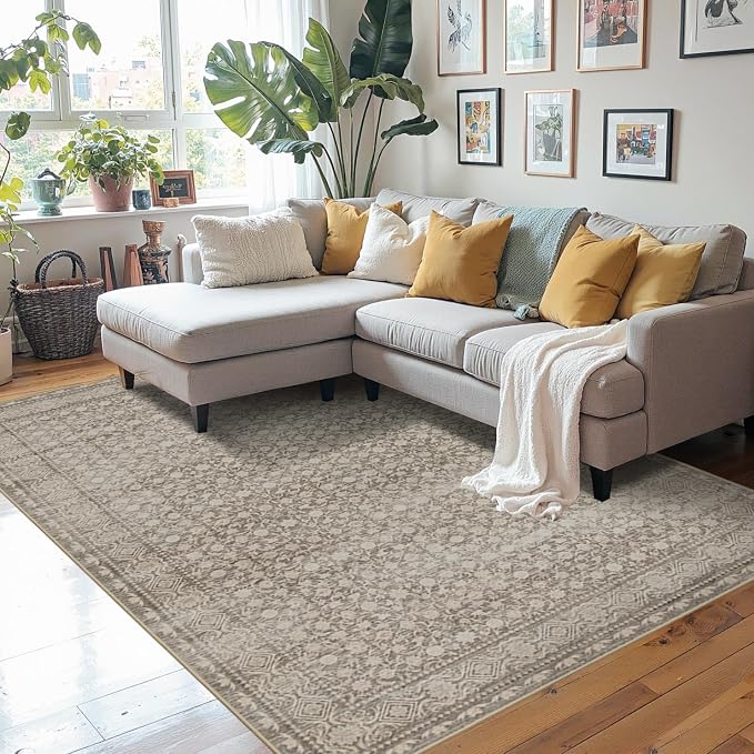 Rugxara Washable Area Rug for Living Room, Vintage Boho Rugs for Office, Dining Room, Kids Room, Farmhouse, Durable Low Pile Non Slip Carpet for High Traffic Areas, Apricot/Beige(4x6 ft)