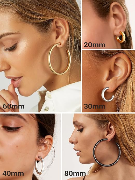 Stainless Steel Chunky Hoop Earrings For Women, Minimalist and Chic, Black/Gold Plated, Round Hoops Earrings Hypoallergenic, Size: 30mm/40mm/60mm/80mm, Come with Box