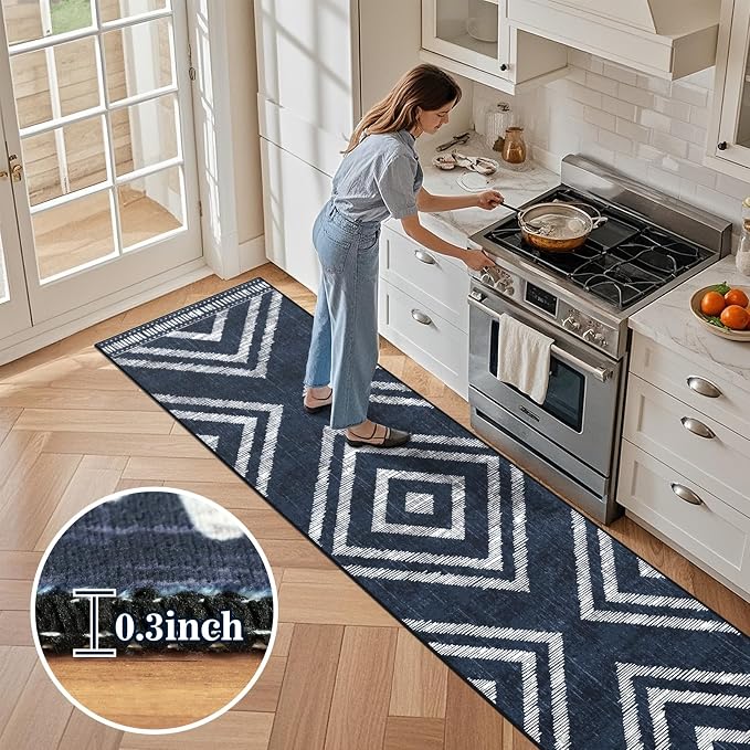 2x10Ft Boho Hallway Rug Runners Non Slip, Navy Blue Geometric Washable Kitchen Runner Rugs, Soft Thin Modern Farmhouse Entrance Floor Carpets for Entryway Doorway Bedroom Home Decor