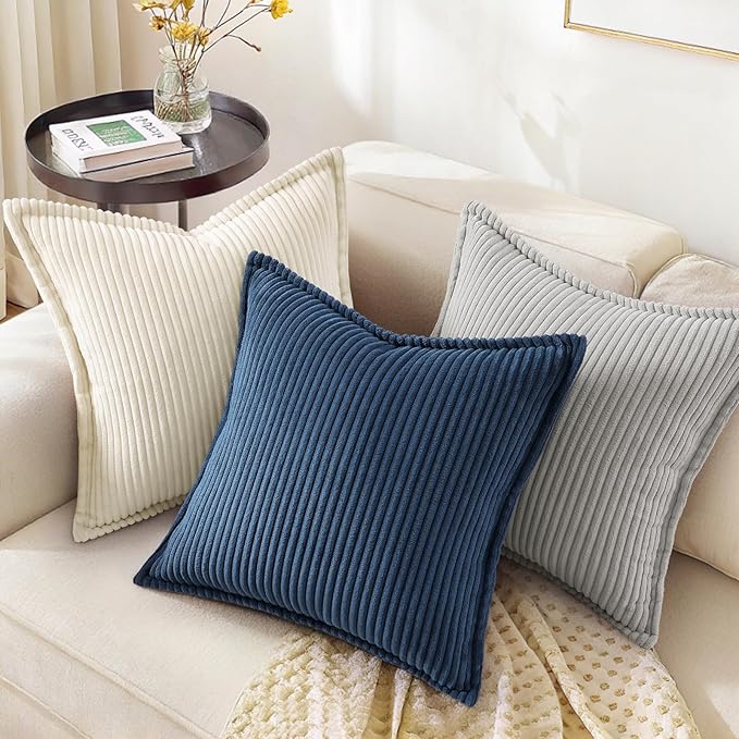 decorUhome Fall Corduroy Grey Throw Pillow Covers 24x24 Set of 2 | Euro Sham Couch Decorative Soft Modern Boho Farmhouse Pillow Covers Broadside Striped Pillow Cases for Living Room Bed Sofa