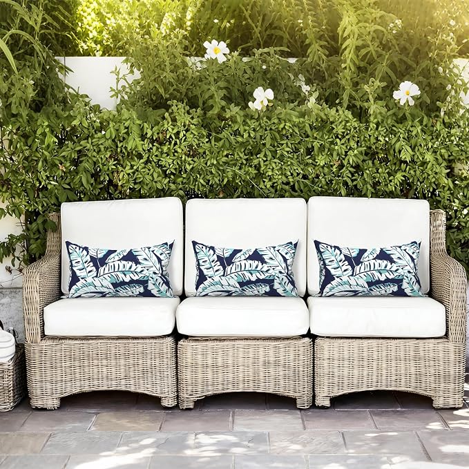 LVTXIII Set of 2 Patio Lumbar Pillows, 12”x20” Fade Resistant Outdoor Lumbar Pillow with Inners, Fluffy Decorative Garden Lumbar Cushions for Home Patio Coach Sofa Use, Baltic Palms White