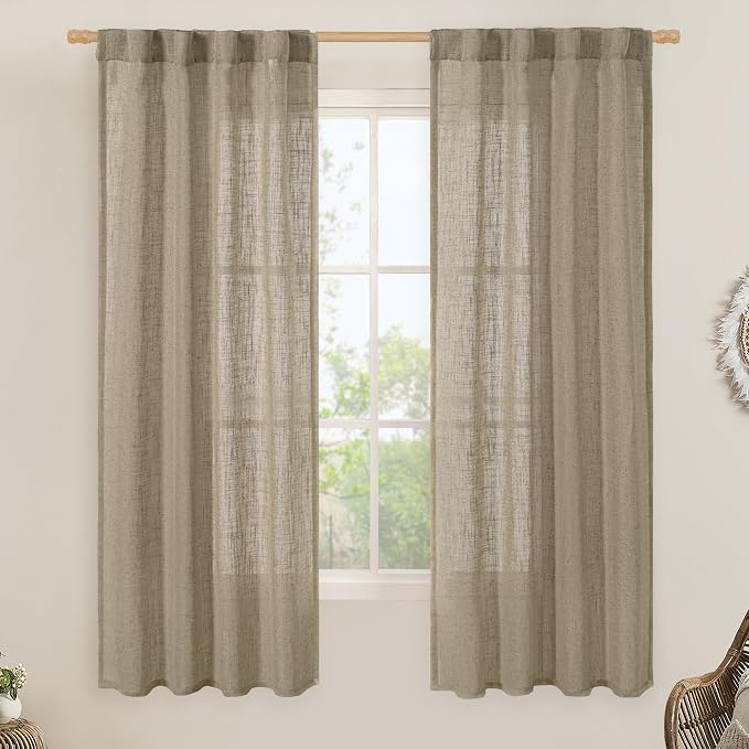 LAMIT Linen Curtains 60 Inch Length 2 Panels, Light Filtering Panels Back Tab and Rod Pocket Neutral Drapes for Bedroom/Window/Living Room, Taupe, 34 x 60 Inch
