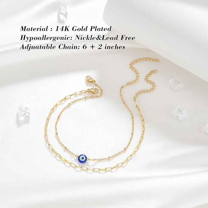 Tarsus Gold Plated Evil Eye Bracelet/Anklets Layered Amulet Nazar for Women