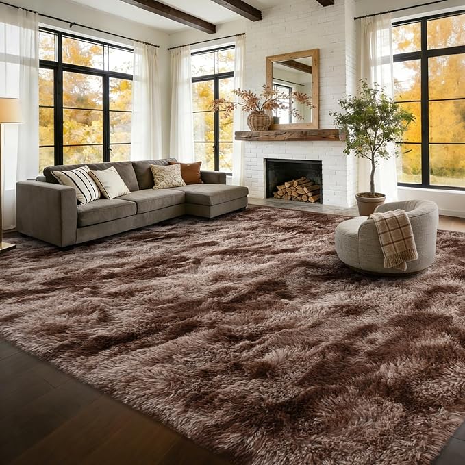 10x14 Extra Large Shaggy Area Rugs for Living Room Decor, Non-Slip Tie-Dyed Rugs for Bedroom Kids Playroom Dorm Room, High Pile Ultra Soft Carpet, Brown