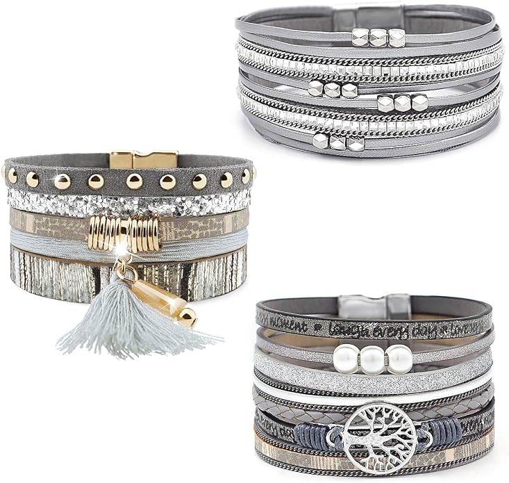 Wowanoo 3Pack Leather Cuff Bracelet Set Multilayer Wrap Bracelet Crystal Feather Tree Bracelet Magnetic Clasp Bracelet for Women
