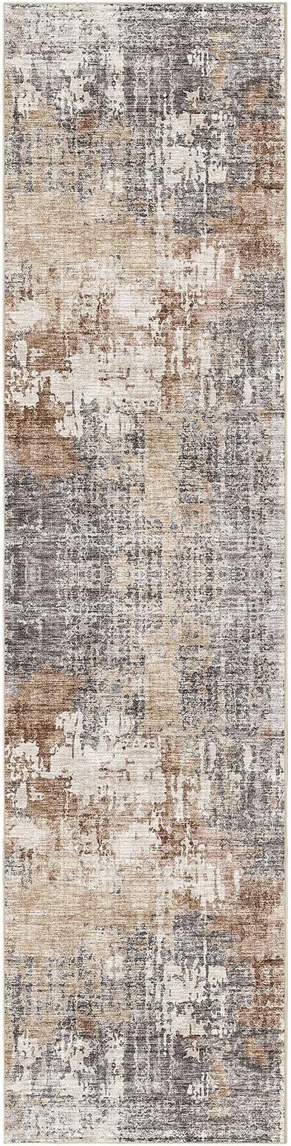 DMOYEST Washable Runner Rug for Hallway: 2.6x12 Neutral Modern Abstract Low Pile Area Rug with Non-Slip Backing - Carpet for Bedroom Kitchen Laundry Entryway Bathroom Indoor - Grey Brown