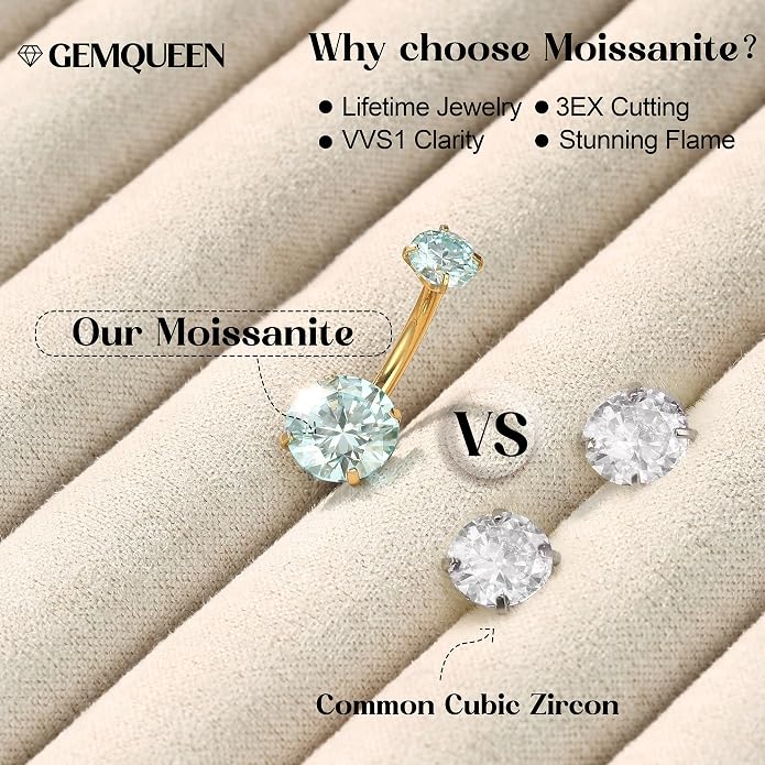 GEMQUEEN Moissanite ＆ G23 TItanium Belly Button Ring 18K Gold Plated Hypoallergenic Internally Threaded Belly Rings 14G Navel Piercing Jewelry For Women Men D Color VVS1 Clarity Brilliant Cut