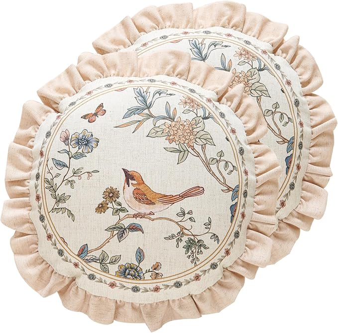 ISAENNE Vintage Linen Throw Pillow Cover,Set of 2,Diameter 16"-Cornucopia A | Designer Elegant French Round Pillow Cover,Concealed Zipper Design,Floral Pattern,Sofas,Bedroom,Living Room,Lounge Chairs