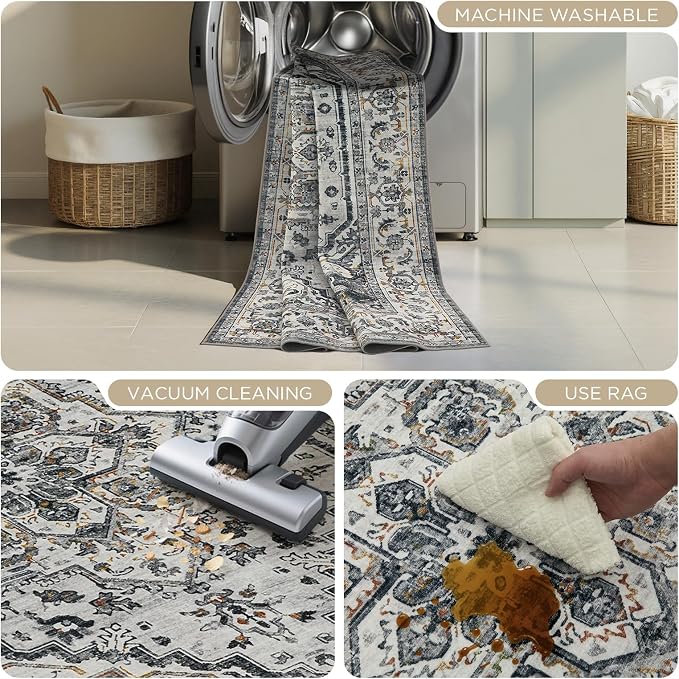 Joydeco 8x10 Area Rugs for Living Room, Non Slip Machine Washable Vintage Rug, Low Pile Thin Chenille Print Rugs for Bedroom, Dining Room, Pet & Child Friendly, Home Office, White&Light Gray&Dark Gray