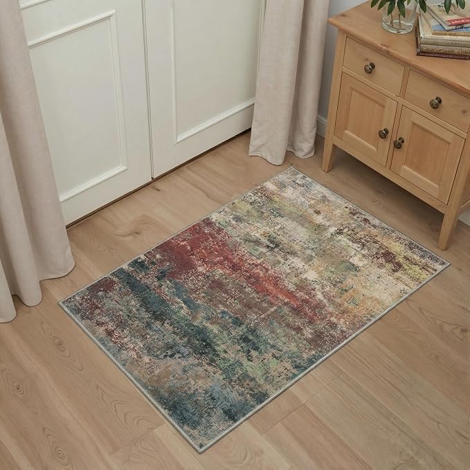 GENIMO Runner Rug Non Slip 2x10, Washable Rug Runner for Hallways Kitchen, Abstract Modern Kitchen Rugs, Low Pile Lightweight Carpet Runners for Entryway, Bedroom, Laundry, Bloom Red