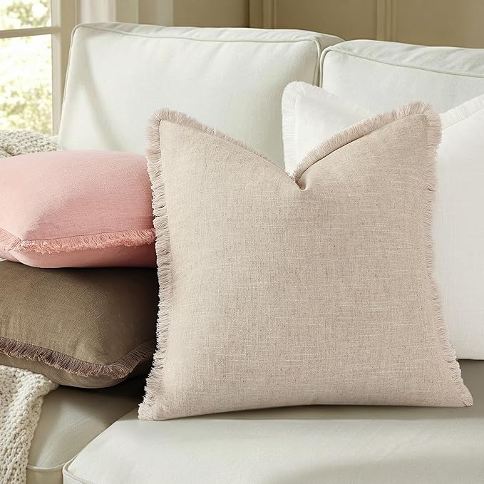 decorUhome Linen Fringe Pink Throw Pillow Covers 22x22 Set of 2 | Euro Sham Decorative Soft Accent Modern Boho Farmhouse Cushion Covers with Tassels Cotton Pillow Covers for Couch Bed Sofa