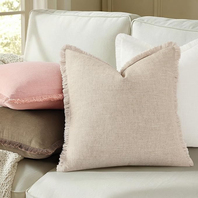 decorUhome Linen Fringe Pink Throw Pillow Covers 20x20 Set of 2 | Decorative Soft Accent Modern Boho Farmhouse Cushion Covers with Tassels Cotton Pillow Covers for Couch Bed Sofa