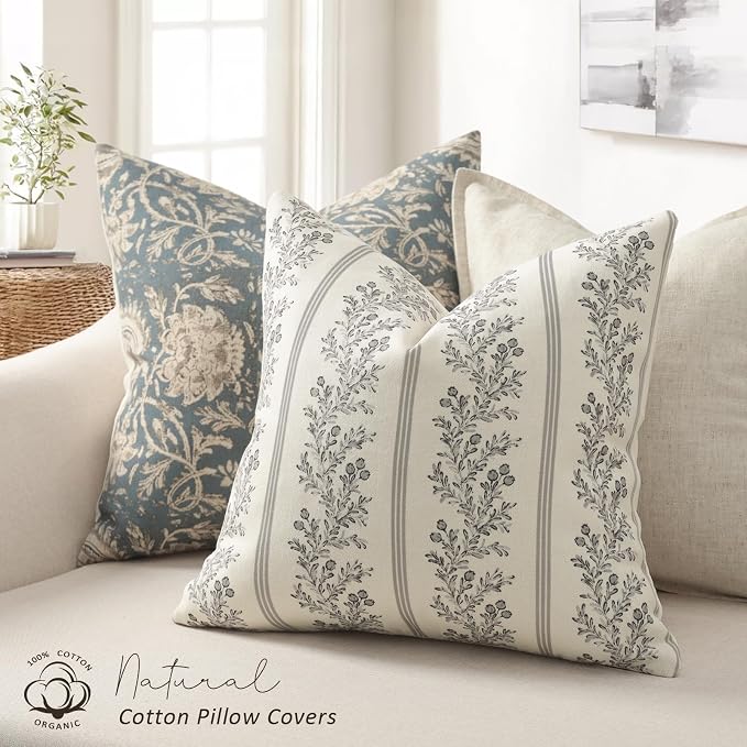 Vintage Throw Pillow Covers 18x18 Set of 2, Striped Floral Pillow Cover Botanical Patterned Decorative Cushion Covers Modern Farmhouse Home Decor for Sofa Couch Bed Living Room, Soft Ash