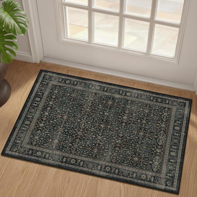 Dark Teal 2x3 Washable Entryway Rug Indoor, Non Slip Thin Door Mat Indoor Entrance, Vintage Small Rugs for Bathroom/Kitchen/Bedroom, Moroccan Floral Trellis Entry Rugs for Inside House