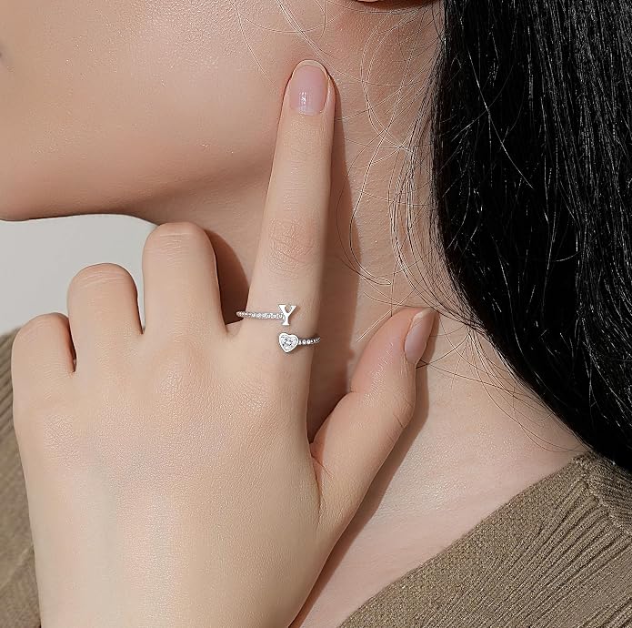 Step Forward 925 Sterling Silver Adjustable Initial Ring for Women | Non Tarnish Letter Rings for Lady | Alphabet Heart Thumb Rings | Capital Letter Jewelry Gifts