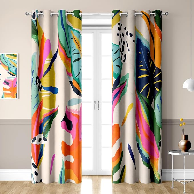 Boho Floral Abstract Black Out Window Curtains, Jungle Colorful Asthetic Modern Art Bohemian Decor for Bedroom, Living Room, Art Gallery Grommet Window Drapes 2 Panel Set, 52"x96"