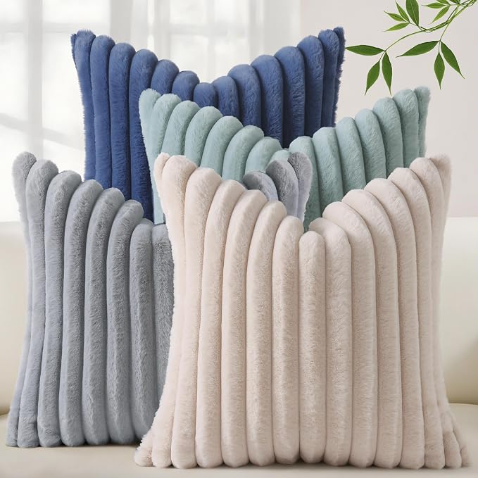 decorUhome Fall Faux Fur Throw Pillow Covers 18x18 Set of 4 Beige/Blue | Decorative Modern Farmhouse Soft Cozy Striped Pillow Cases Velvet Back for Sofa Bed Living Room Classic Accent Home Decor