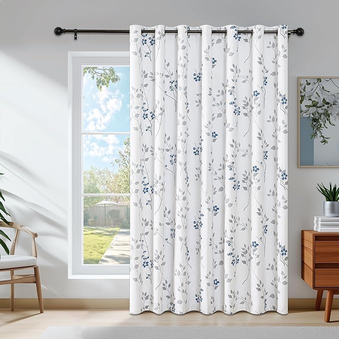 Beauoop Floral 100% Blackout Sliding Door Curtains Blue Grey 100x84 1 Set | Flower Patterned Blue White Room Darkening Patio Curtains Extra Wide Room Divider Drapes Thermal Window treatment Grommet