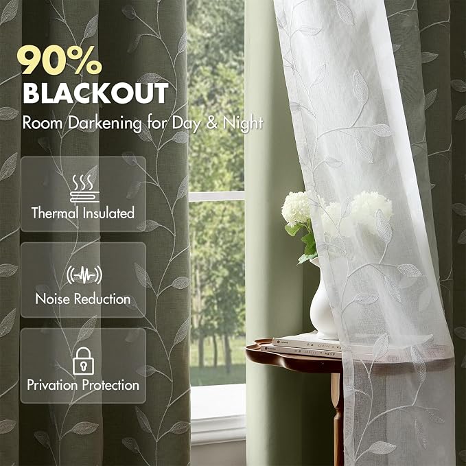 MIULEE Double Layer Curtains 84 Inches Long, White Leaf Patterned Sheer Floral Drapes and Sage Green Blackout Room Darkening Curtains for Living Room Bedroom, Grommets Top, 52" W x 84" L, 2 Panels