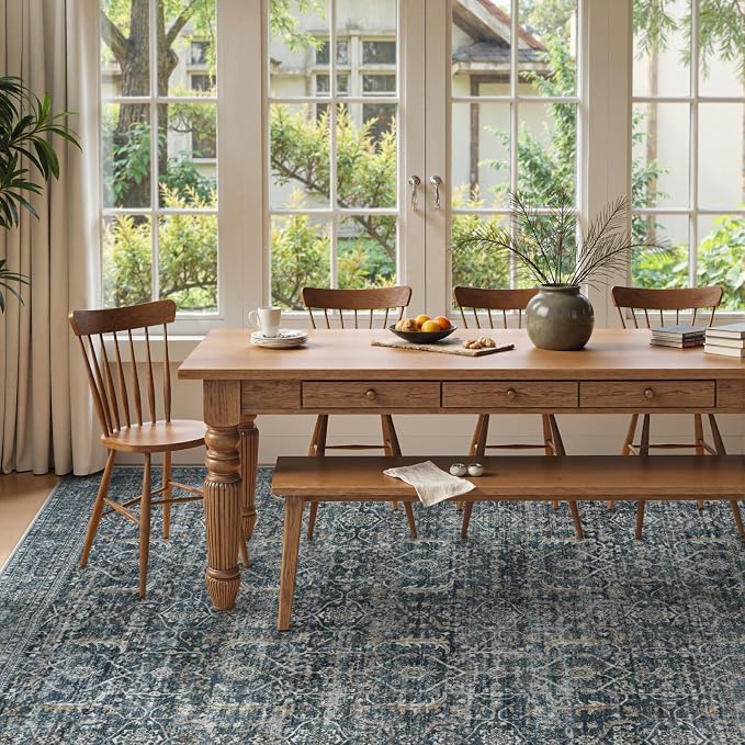 Collive Washable Area Rug 6x9, Large Vintgae Distressed Rugs for Living Room Soft Rugs for Bedroom, Non Slip Ultra-Thin Dining Room Floor Carpet for Entryway Kitchen Office - Blue/Grey