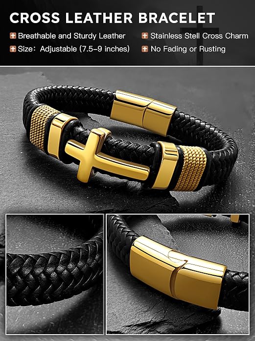 Black Cross Cuff Bracelet for Men,Stainless Steel Braided Leather Bible Verse Bracelet with Joshua 1:9 Inspirational Faith Gift for Dad,Brother,Son,family,Religious Baptism and Confirmation Gifts