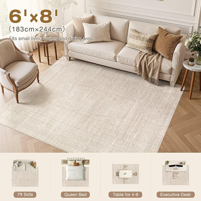 Nakagishi 6x8 Area Rugs Living Room: Washable Large Vintage Rug Neutral Non-Slip Soft Stain Resistant Indoor Carpet for Bedroom Nursery Dining Room Office Playroom - Beige