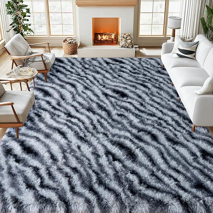 qulint Zebra Rug for Living Room, 6x9 Fluffy Large Area Rug for Bedroom | Soft Shaggy Modern Striped Carpet, Plush Animal Alfombras for Dorm Room Nursery Classroom Kid Room Home Decor Aesthetic