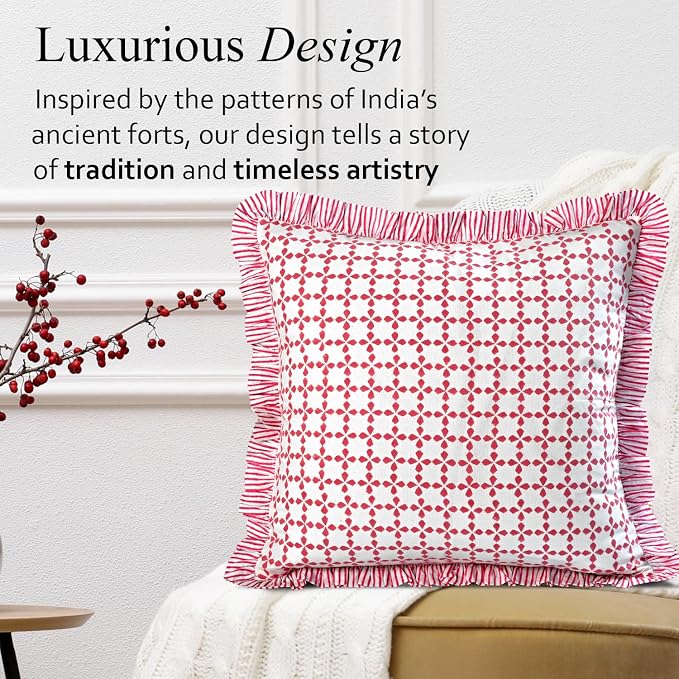 CPC Magenta Pink Hand Block Print 100% Cotton Ruffle Throw Pillow Cover 18x18 inch with Hidden Zipper Decorative for Couch, Bed, Sofa, Farmhouse, Cottagecore Decor Gift Christmas Fall Thanksgiving