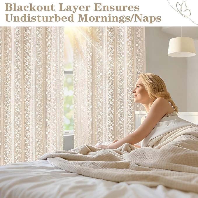 ASPMIZ Beige Blackout Curtains for Bedroom 84 inch Long, Double Layer Curtains for Living Room Light Blocking Grommet Drapes with Lace Overlay, Thermal Insulated Window Curtain Panels Set of 2, 52x84