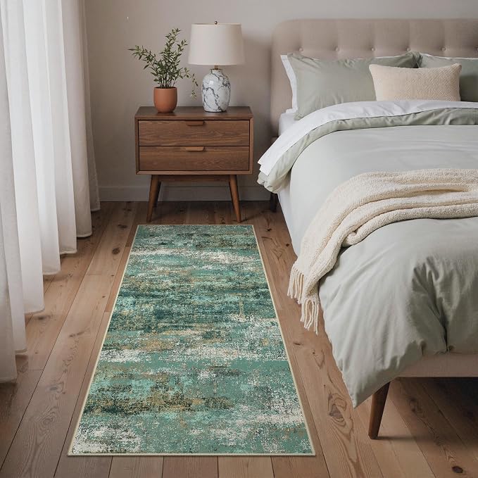 GENIMO Runner Rug Non Slip 2x6, Washable Rug Runner for Hallways Kitchen, Abstract Modern Kitchen Rugs, Low Pile Lightweight Carpet Runners for Entryway, Bedroom, Laundry, Turquoise