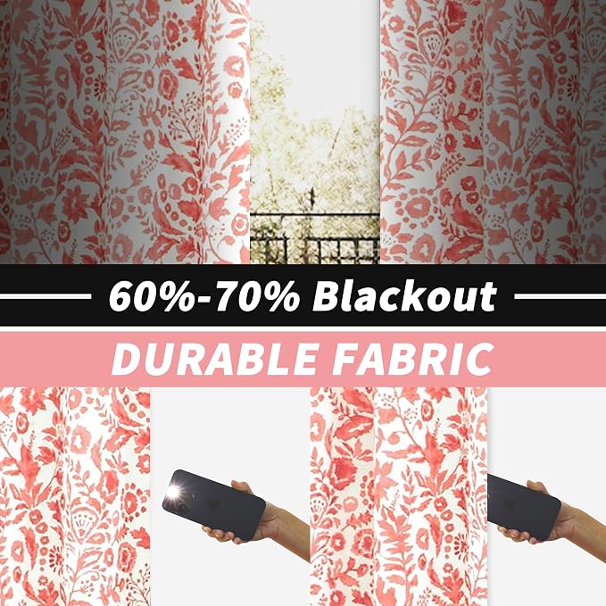 DriftAway Julia Blackout Curtains Grommet 2 Panels, W52xL84, Blush | Floral Curtains, Bedroom, Living Room, Room Darking, Watercolor Pattern, 2 Layers, Thermal Insulated, Window Treatment