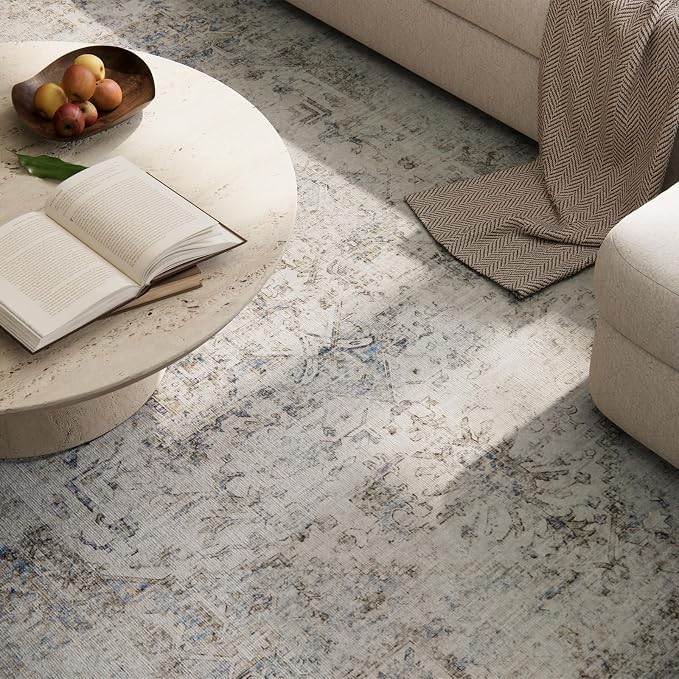 Machine Washable Rugs for Living Room: 9x12 Area Rugs for Bedroom Ultra Soft Non-Slip Low Pile Vintage Distress Boho Large Carpet for High-Traffic Dining Room - Farmhouse Decor