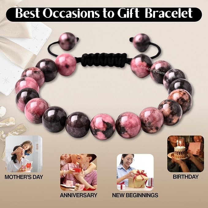 Amazing Gemstone Rhodonite Bracelet, Gifts for Men & Women - Protection Healing Crystal Bracelet - 8mm Gemstone Beaded Adjustable Bracelet, Pulseras para Hombres Mujer Stocking Stuffers