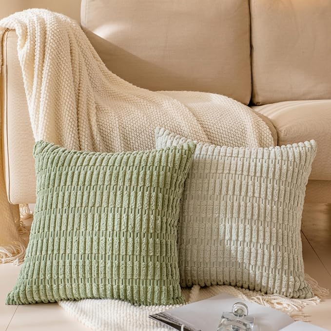 Softalker Throw Pillow Covers 18x18 Inch, Set of 4, Corduroy Soft Striped Boho Spring Pillow Cover, Modern Decorative Cushion Pillow Case for Couch Sofa Bedroom Living Room, Green/Grey