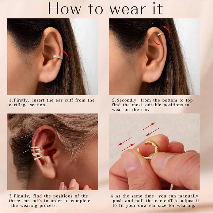 MILACOLATO 925 Sterling Silver Ear Cuffs for Women - 14K Gold Plated Adjustable Ear Cuffs Non Piercing Earrings for Women Trendy Cubic Zirconia Clip On Cartilage Conch Earrings for Non Pierced Ears Fake Earrings Set Hypoallergenic