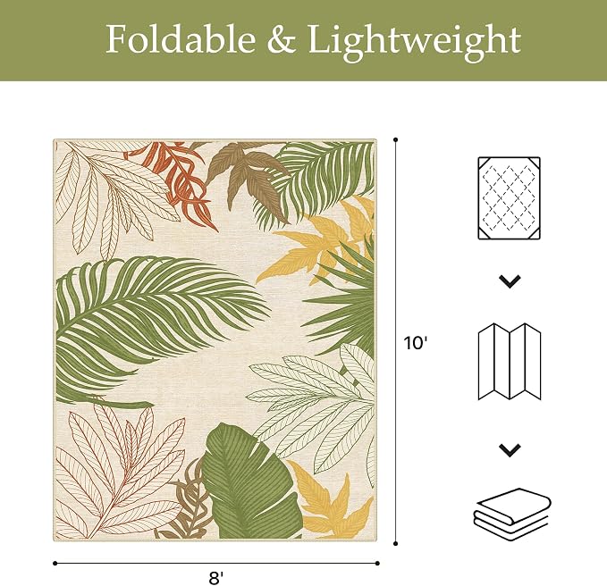 GENIMO 8x10 Outdoor Rug, Washable Quick Dry for Patio, Beige Green | Botanical leaf design for backyard; fade resistant chenille with quick-dry non-slip backing for indoor living rooms.