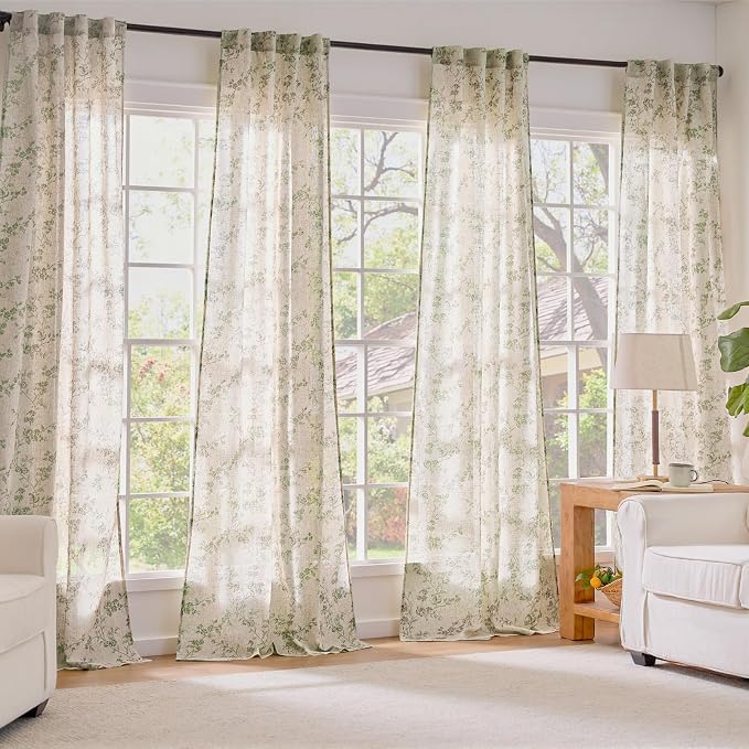 Lazzzy Green Floral Linen Curtains 63 Inch Farmhouse Back Tab Drapes for Living Room Bedroom Light Filtering Vintage Grandmillennial Rod Pocket Curtains, 2 Panels, W38 x L63, Green on Beige