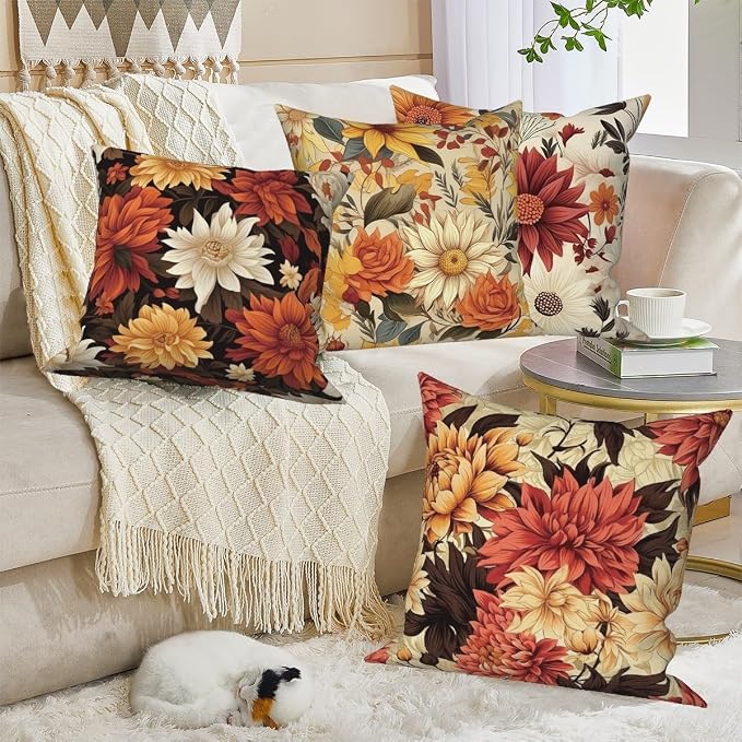 Vintage Floral Throw Pillow Covers 20''x20'' Set of 4, Colorful Flowers Pillow Cases Decorative Printed Cushion Covers for Couch Sofa Bedroom Farmhouse Livingroom Garden Patio Car Outdoor