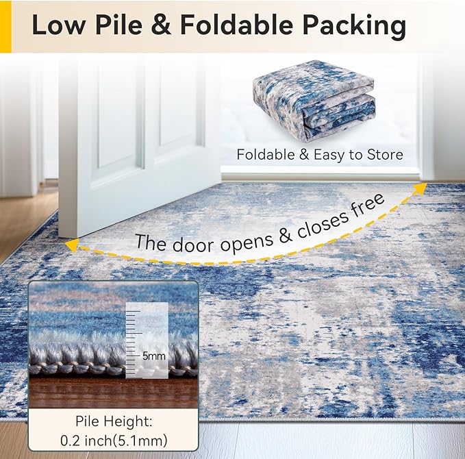 RELEANY Washable Area Rugs 6'x8' Non-Slip Modern Abstract Soft for Living Room Entryway Bedroom Kitchen, Print Pattern, Blue Grey Navy Gray