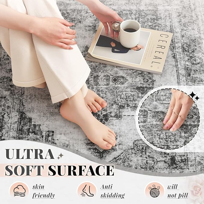 Area Rug 8x10 Vintage Rugs: Large Washable Indoor Medallion Rug Low Pile Distressed Floor Carpet Retro Accent Rugs for Living Room Bedroom Kitchen Dining Table Home Office(Black, 8'x10')