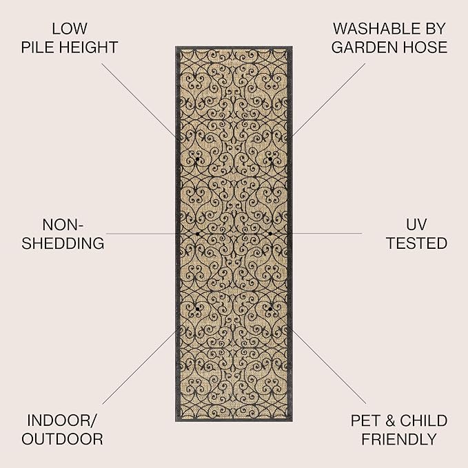 JONATHAN Y Vintage Filigree Indoor Outdoor Runner Rug 2X20 Black/Khaki, Madrid Textured Weave for Backyard, Patio, Porch, Easy-Cleaning, High Traffic, Pet-Friendly, Non-Shedding (SMB107A-220)